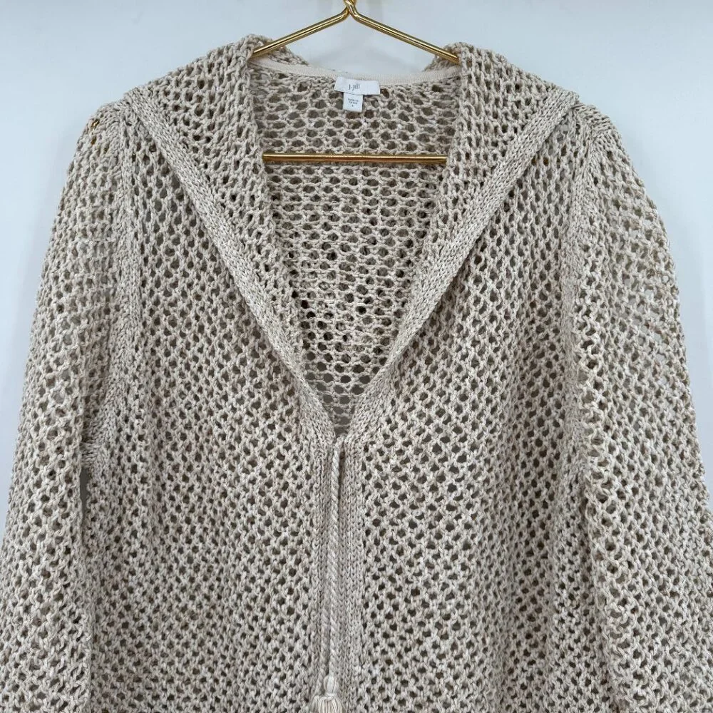J Jill Open Crochet Knit Hooded Fringe Beige Cardigan Boho Hippie L - Picture 2 of 10